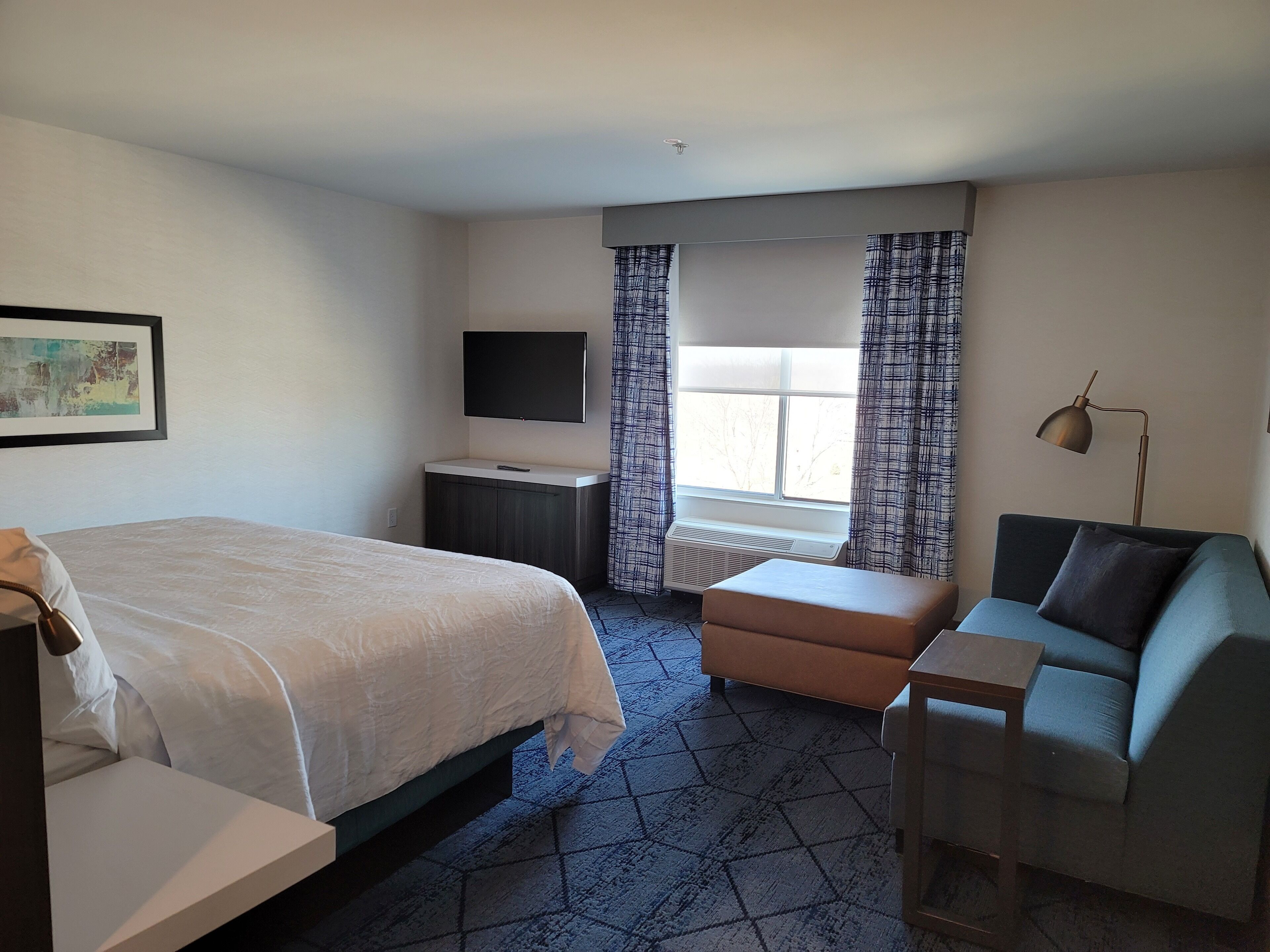 A hotel room with a bed, a desk, a chair, a TV, a window with curtains, and a floor heater.