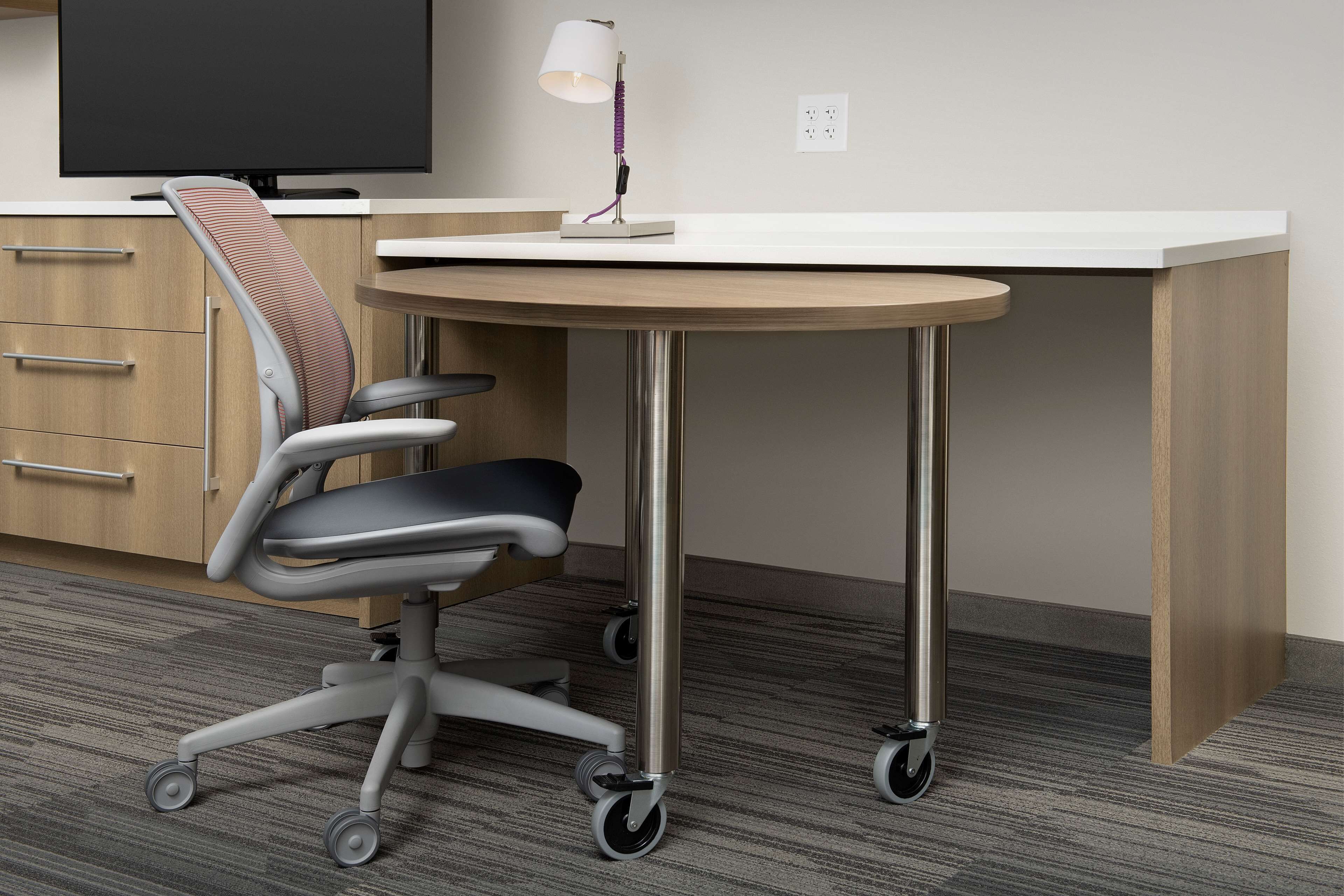 desk, laptop workspace, blackout curtains, iron/ironing board