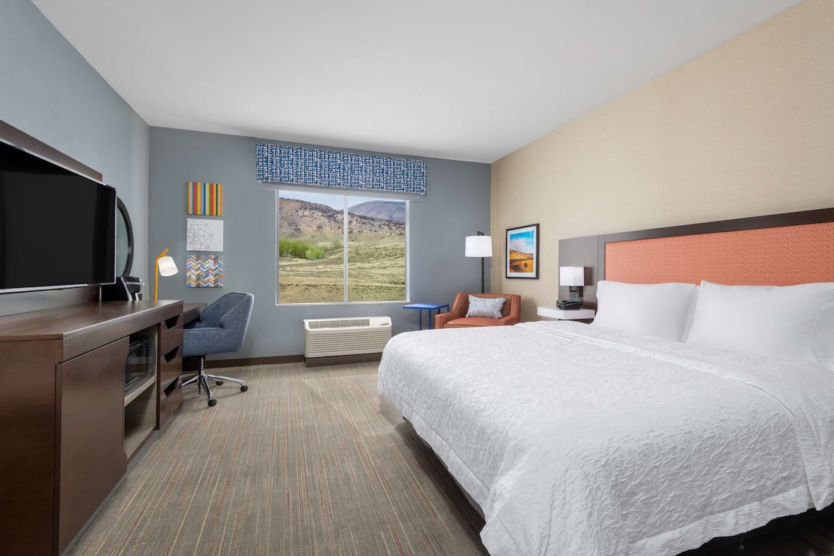 A hotel room with a large bed, a desk, a chair, a television, and a window with a view of the outdoors.