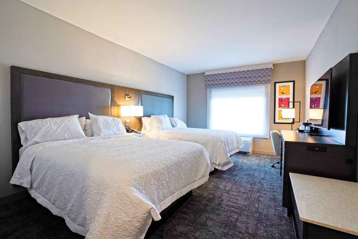 room, 2 queen beds, refrigerator & microwave | desk, laptop workspace, bed sheets