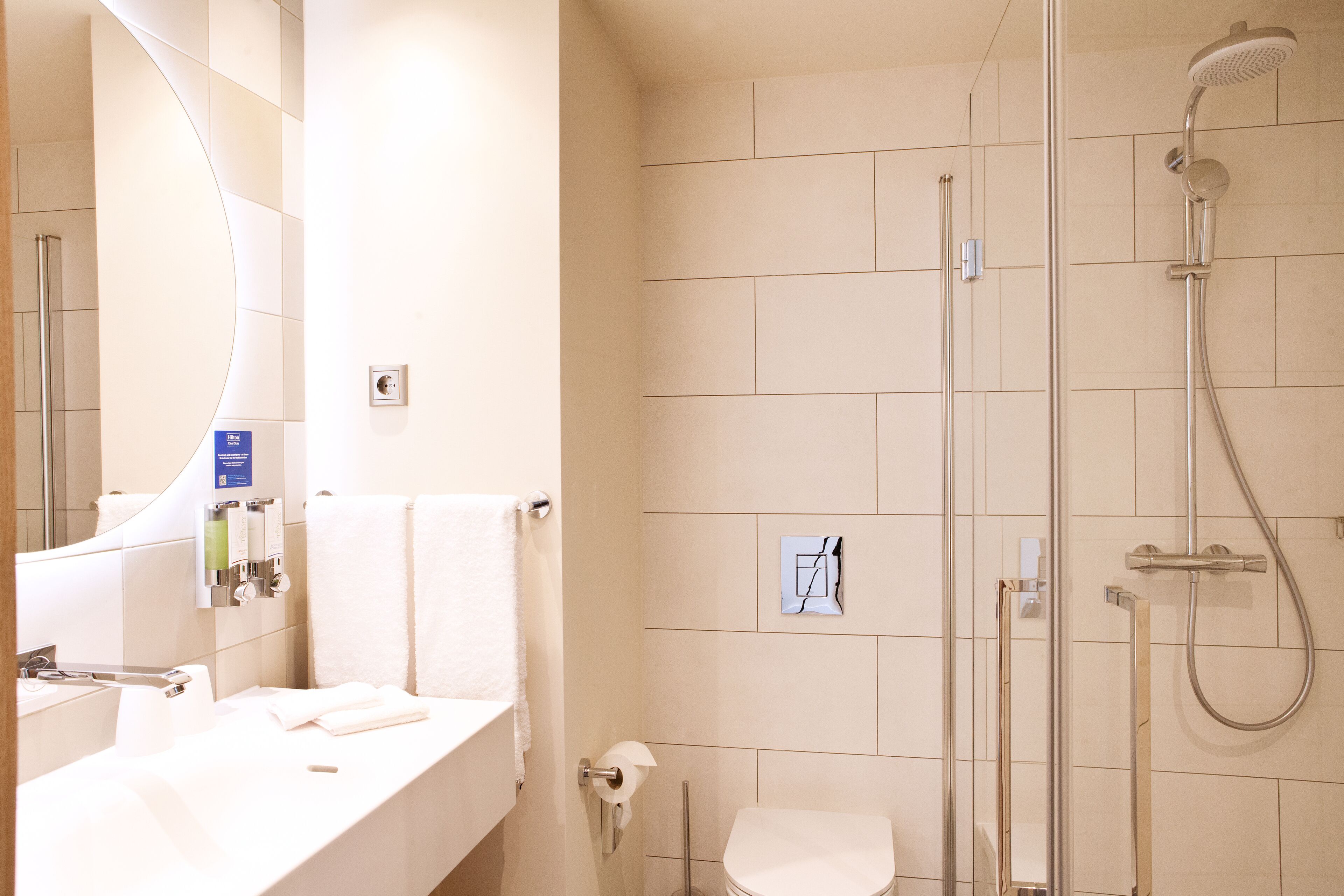 A modern bathroom with a glass shower enclosure, a white sink, and a toilet.