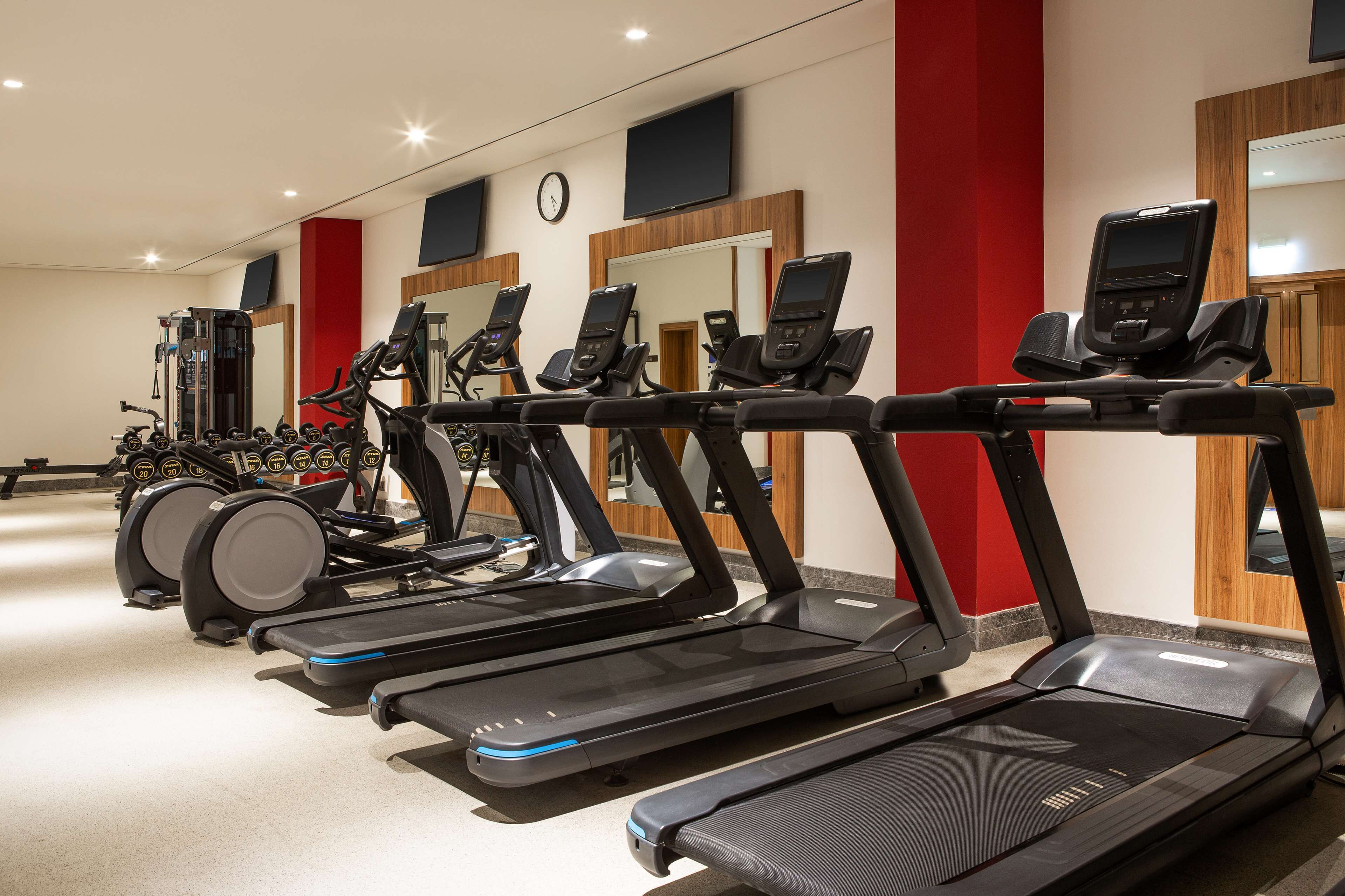 Une salle de sport équipée de plusieurs tapis de course, de machines de musculation et d’haltères.
