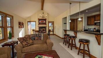 Smart TV, fireplace, books