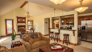 Smart TV, fireplace, books