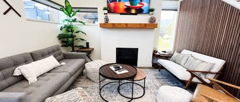 TV, fireplace, foosball