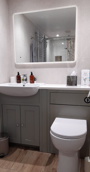 Dusche, Haartrockner, Handtücher, Seife