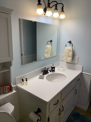Combined shower/bathtub, jetted bath, hair dryer, towels