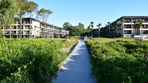 A pathway flanked by lush greenery and multi-story buildings with balconies, leading towards a clear blue sky. - Awesome Ocean View! Coligny Area! Updated and CLEAN 1 Bedroom! #380 (Hilton Head Island)