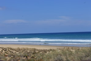 On the beach, sun loungers