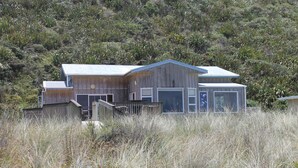 A wooden house with a metal roof, surrounded by tall grass and shrubs.