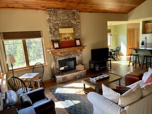 Televisio, takka, DVD-soitin, kirjoja