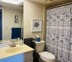 Duschwanne, Haartrockner, Handtücher, Seife