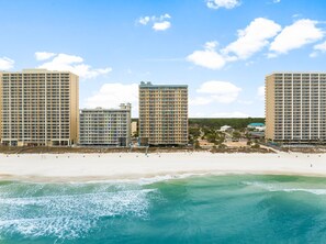 On the beach, sun-loungers, beach towels