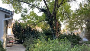 Um jardim com um caminho que leva a um alpendre com mesa e cadeiras.