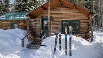 A rustic log cabin with a green door and windows, surrounded by snow.