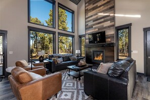 Smart TV, fireplace, video games, DVD player