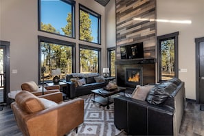 Smart TV, fireplace, video games, DVD player
