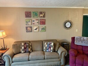 Smart-TV, Kamin, Bücher, Stereoanlage