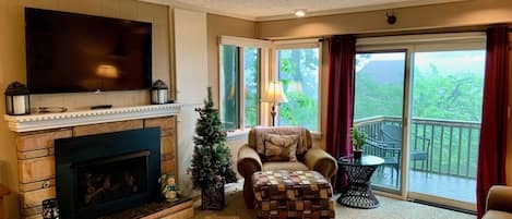 Smart-TV, peis, bøker og stereoanlegg