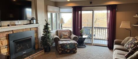 Smart TV, chimenea, libros y estéreo