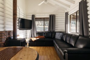 Three Bedrooms Self Contained Lodge | Living area | 50-inch flat-screen TV with digital channels, TV, fireplace - Palmers Lane Estate Hunter Valley (Pokolbin)