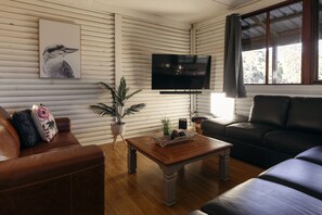 Six Bedrooms Lodge | Living area | 50-inch flat-screen TV with digital channels, TV, fireplace - Palmers Lane Estate Hunter Valley (Pokolbin)