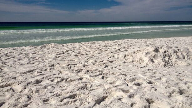 Une plage de sable où l’on peut voir des empreintes menant à l’eau.