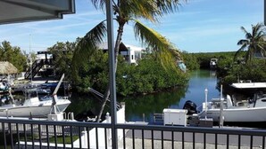 A marina with boats docked, a palm tree, and a building with a thatched roof. - Paradise on the Canal with Ocean Access including Pool & Spa (Key Largo)