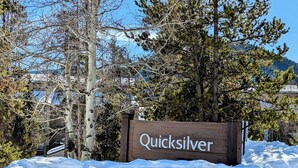 Een houten bord met de tekst 'Quicksilver', omgeven door sneeuw en bomen.