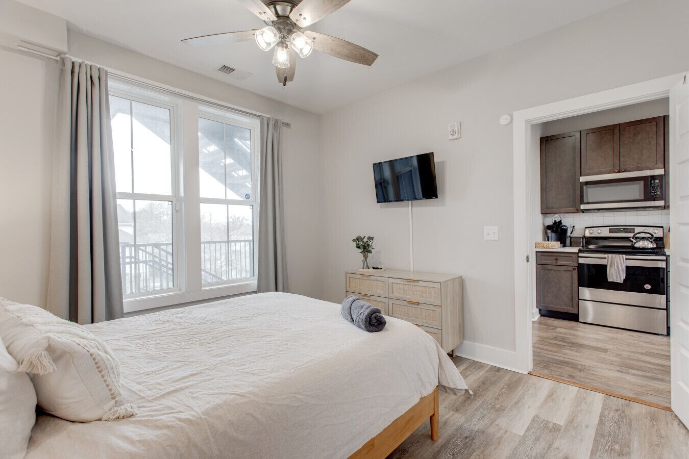 1 bedroom, desk, iron/ironing board, travel crib