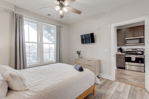 1 bedroom, desk, iron/ironing board, travel cot