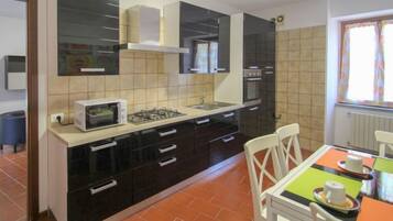 Fridge, microwave, oven, cookware/dishes/utensils