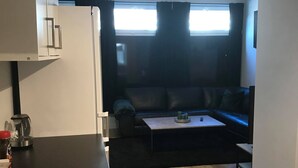A compact living space with a kitchenette, a sofa, and a coffee table. - Notodden Sentrum Apartment NO 10 (Notodden)