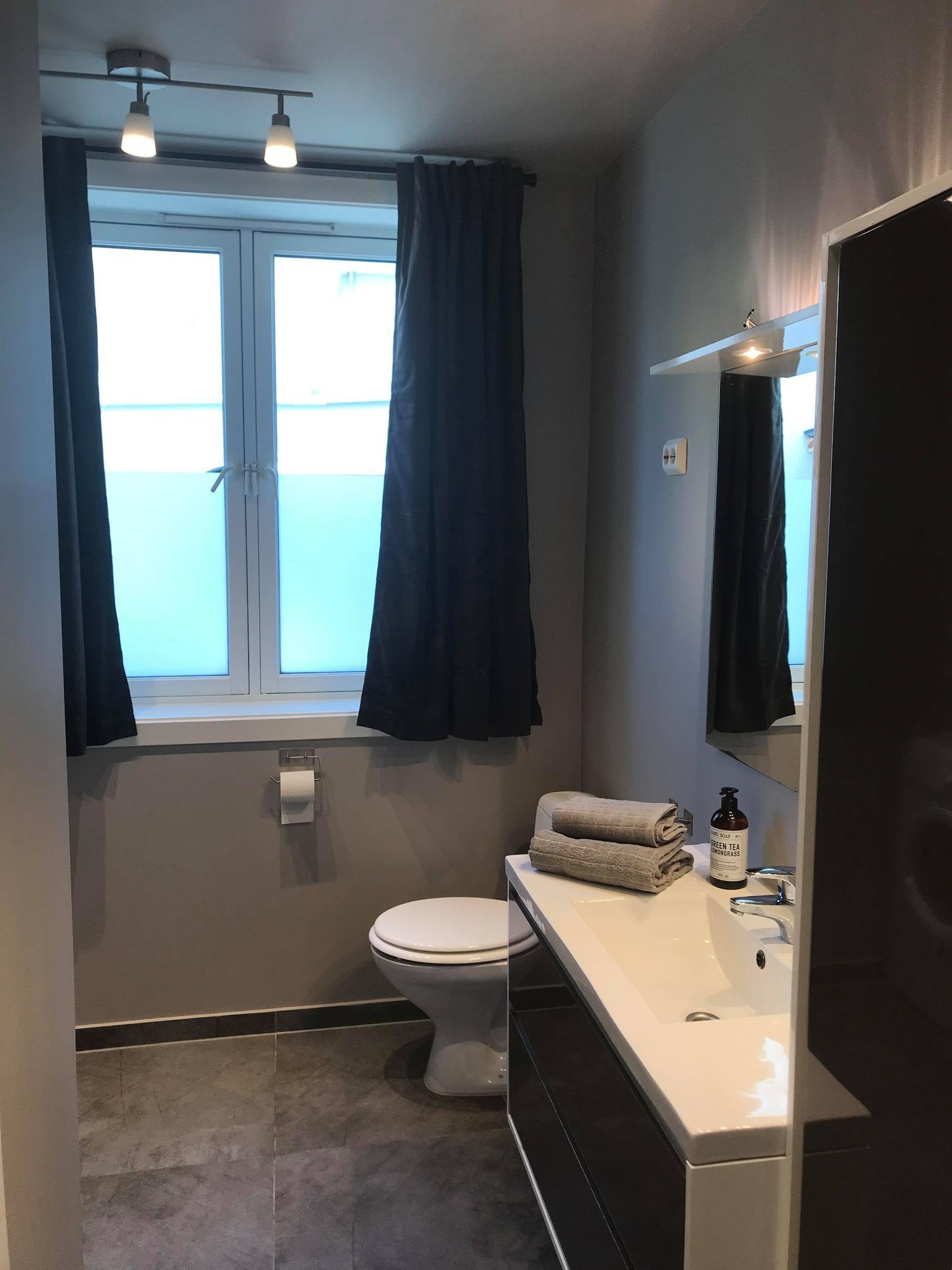 A bathroom with a toilet, sink, and a window with curtains.