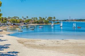 Une plage avec des bateaux, des palmiers et un ciel dégagé.