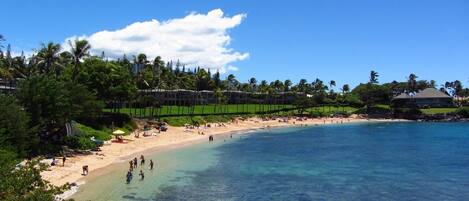On the beach, beach towels, snorkeling