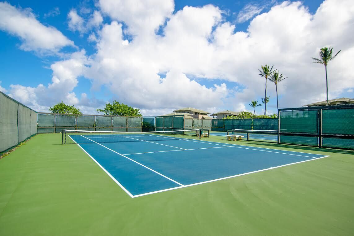 An outdoor tennis court with a green surface and blue boundary lines, surrounded by a fence and palm trees.