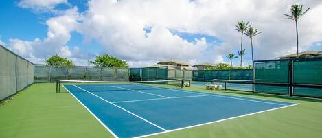 An outdoor tennis court with a green surface and blue boundary lines, surrounded by a fence and palm trees.