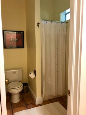 Douche, sèche-cheveux, serviettes fournies, savon