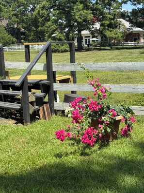 A grassy area with a wooden bench and a planter with pink flowers. - Little Lob Lolly of Point Clear located in our barn across from our stalls  (Fairhope)