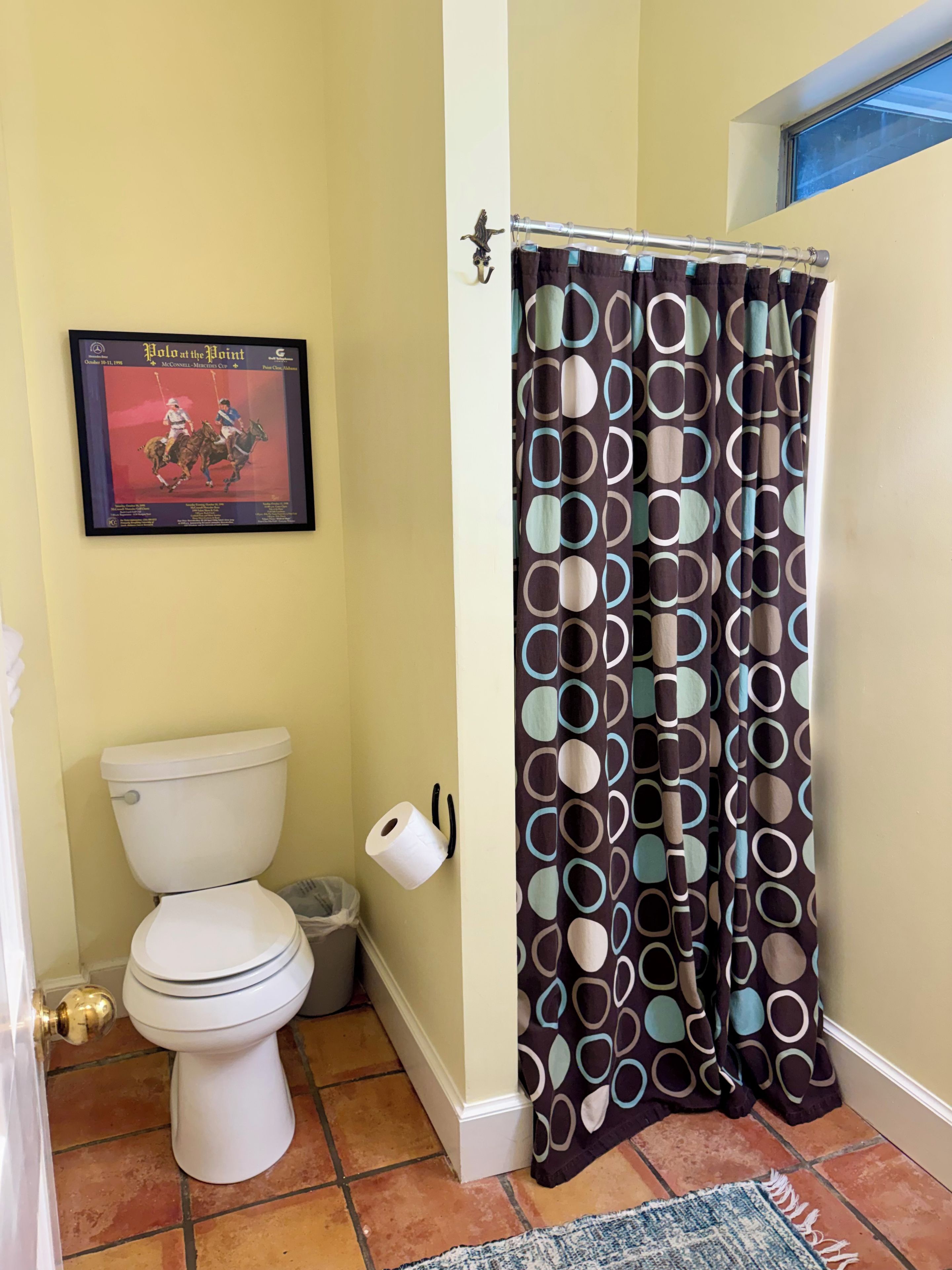 Ein Badezimmer mit Toilette, einer Toilettenrolle, einem Mülleimer, einem Duschvorhang mit kreisförmigem Muster und einem gerahmten Bild an der Wand.