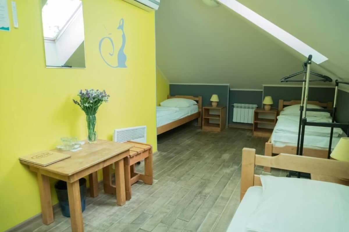 A room with a wooden desk, a bed, a hanging light, and a radiator.