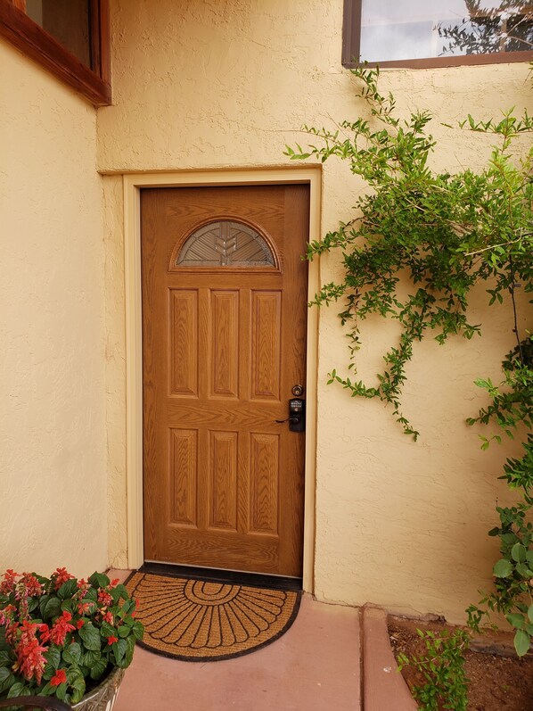 Una puerta de madera con un panel de vidrio y un felpudo.