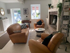 Télévision, cheminée, livres, chaîne hi-fi