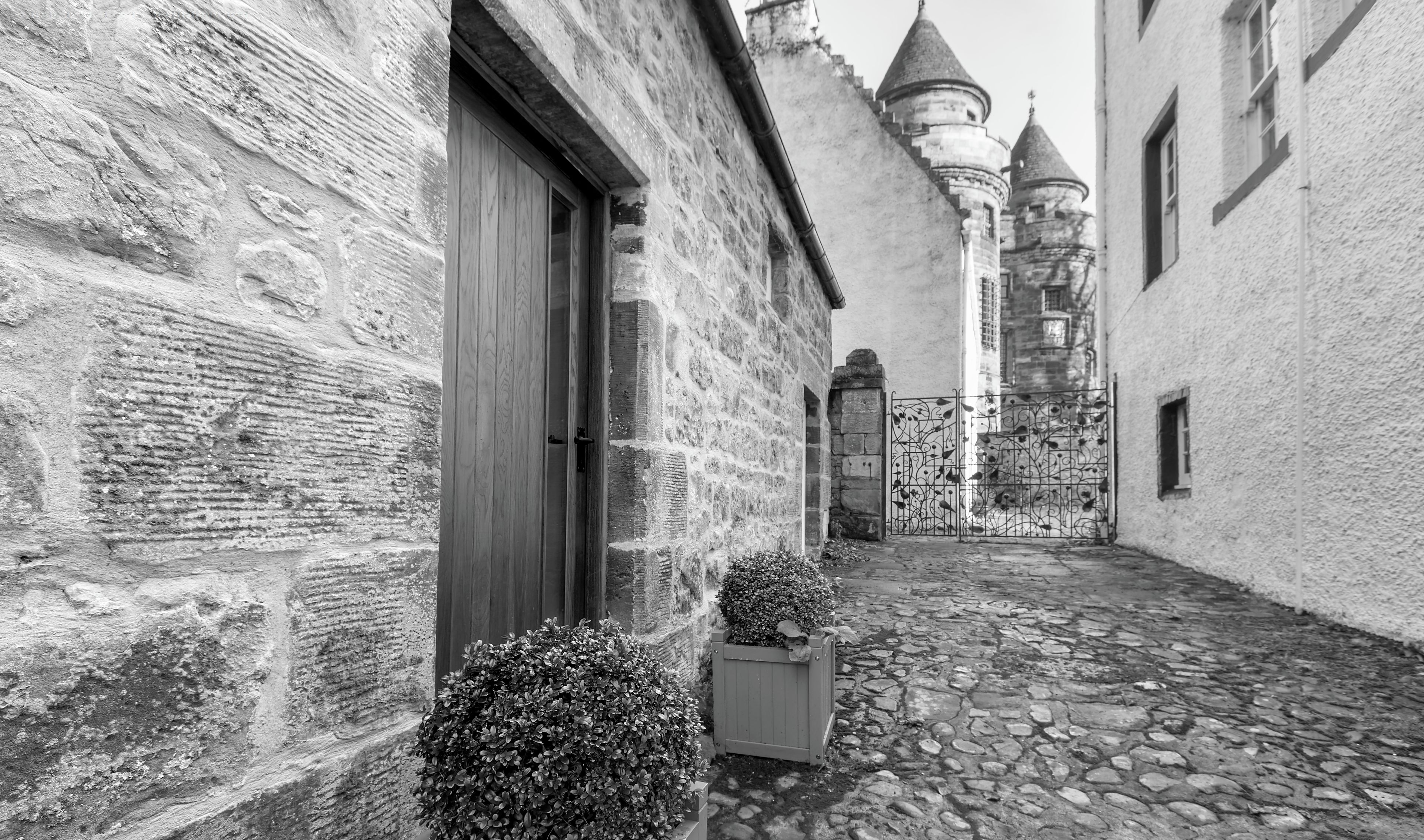 A narrow stone-paved alleyway with a rustic building featuring a wooden door and a small potted plant.