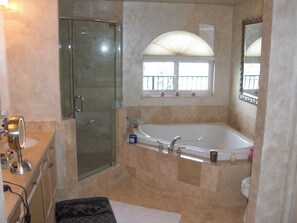 Bathtub, jetted tub, towels, soap