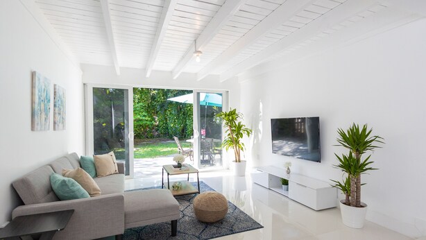 Un salon moderne avec un canapé gris, un téléviseur à écran plat et une plante en pot.