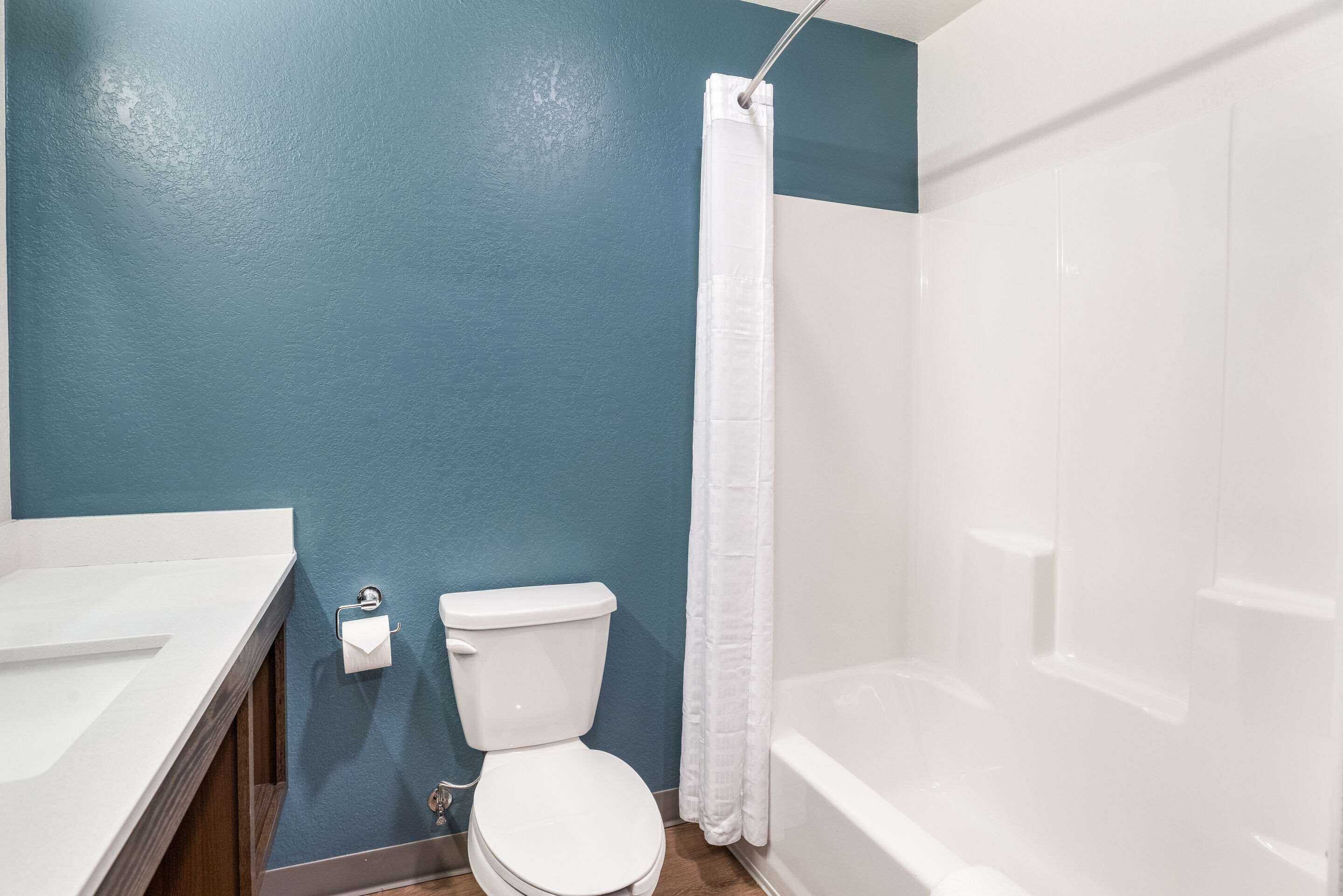 A bathroom with a white toilet, a bathtub, and a blue wall.