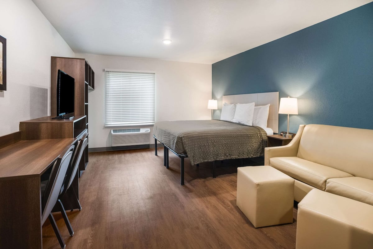 A modern hotel room with a bed, a desk, a TV, and a sofa.