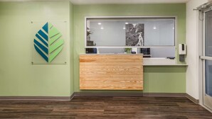 Un área de recepción con mostrador de madera, un ventanal con vistas y una pared verde.